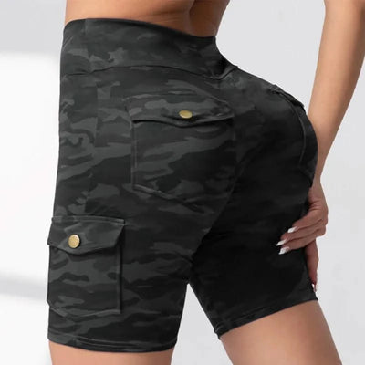 Camouflage Printed Women Shorts with 4 Pockets High Waist Butt Lifting Workout Tights Elastic Breathable Outdoor Running Shorts