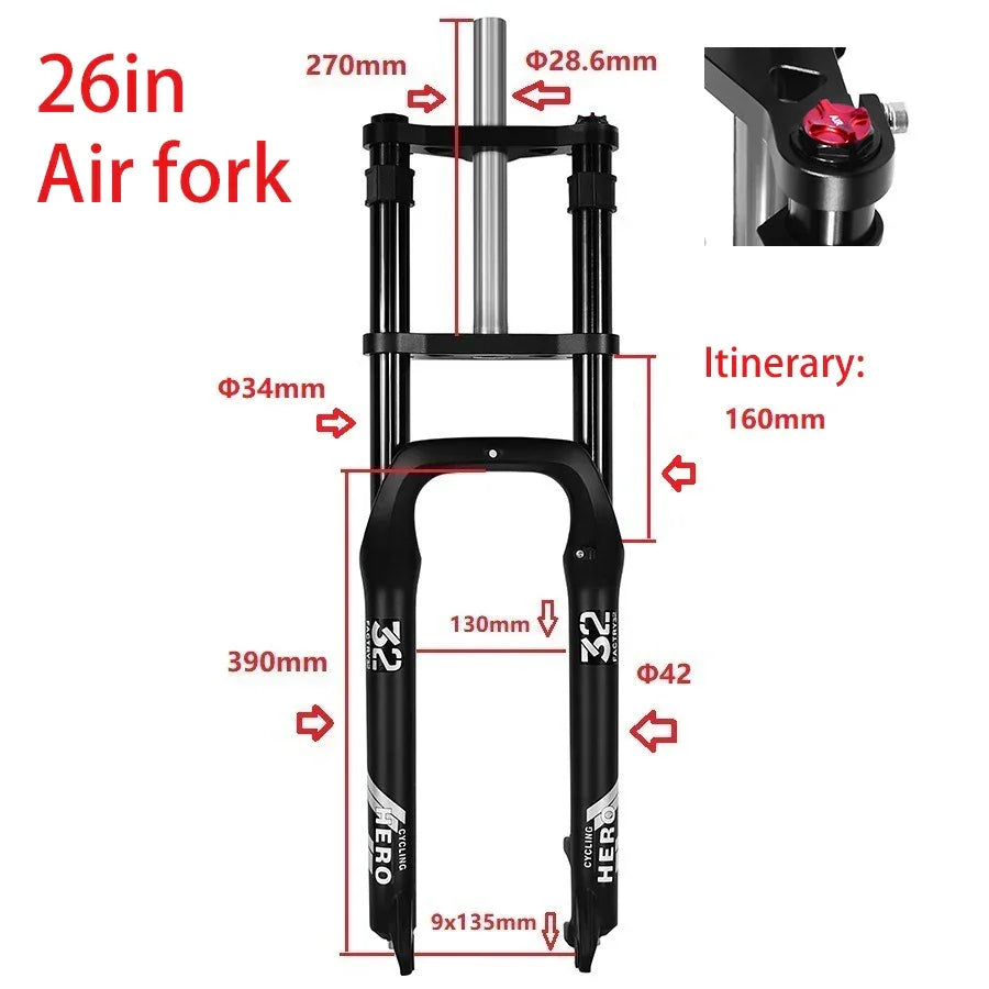 Snow Bike Mechanical Front Fork, 20 ",26",Aluminum Alloy Shoulder Fork,160mm Stroke,Hydraulic Lock,Shock Absorber,4.0 Tire Bike