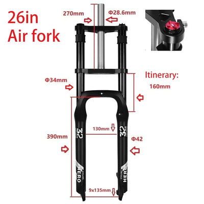 Snow Bike Mechanical Front Fork, 20 ",26",Aluminum Alloy Shoulder Fork,160mm Stroke,Hydraulic Lock,Shock Absorber,4.0 Tire Bike