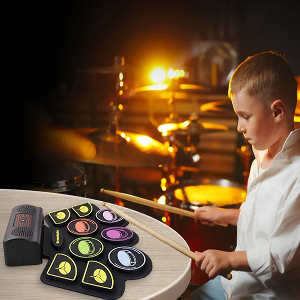 Electronic Drum Set With Drum Sticks Pedals Music Drums 9 Pad Roll-Up Drum Musical Electronic Drums Instrument For Kids Adults