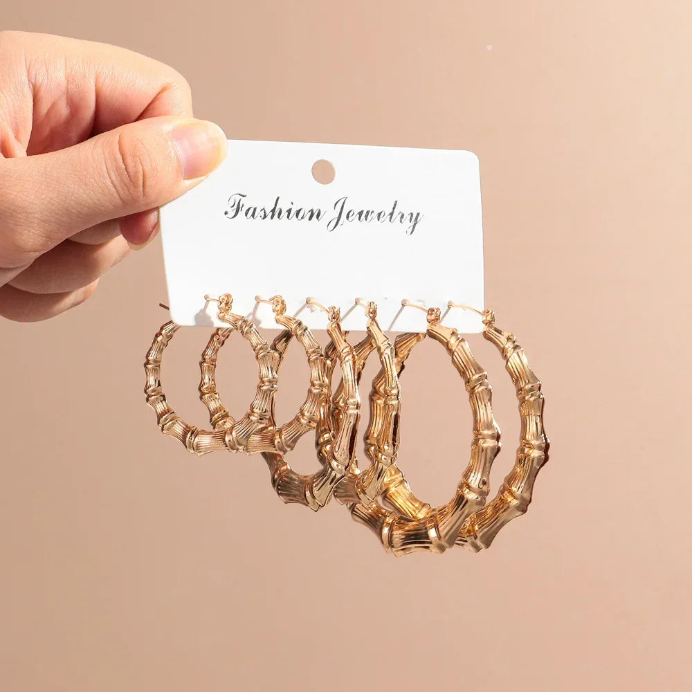 3Pair/set Statement Gold Color Big Bamboo Circle Hoop Earrings for Women Hip Hop Large Round Geometric Earrings Hoops Jewelry