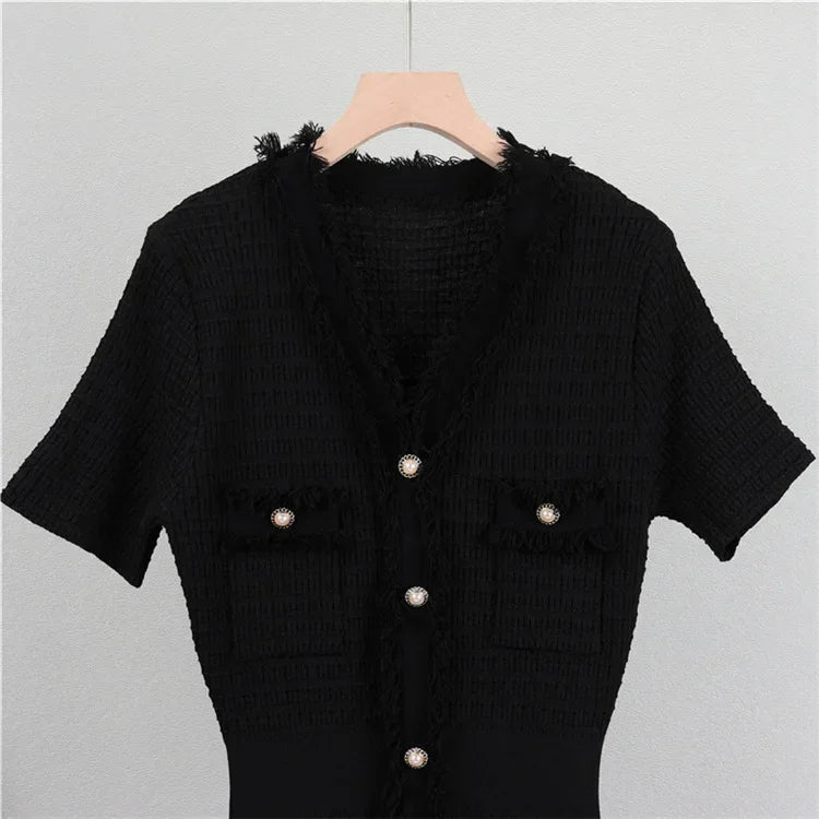 Summer Women Simple White Black Dresses Office Sheath Pencil Midi Dress Elegant Knitted Bodycon Party Casual Vestido