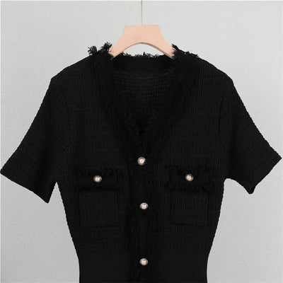 Summer Women Simple White Black Dresses Office Sheath Pencil Midi Dress Elegant Knitted Bodycon Party Casual Vestido