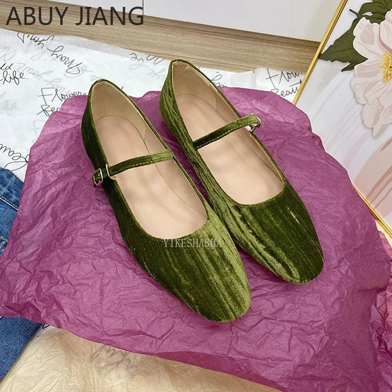 2025 Women Shoes Luxury Velvet Ballet Shoes Women Square Toe Flat Mary Janes Ladies Fashion Buckle Strap Velour Shallow Loafers