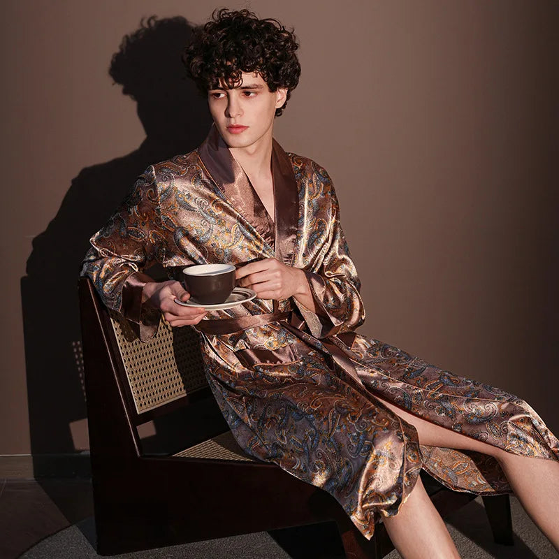 High Quality Nightrobes Men Summer Thin Bathrobe Large Size Ice Silk Printed Pajamas One-piece Robe Male Loungewear Gents Spring