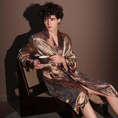 High Quality Nightrobes Men Summer Thin Bathrobe Large Size Ice Silk Printed Pajamas One-piece Robe Male Loungewear Gents Spring