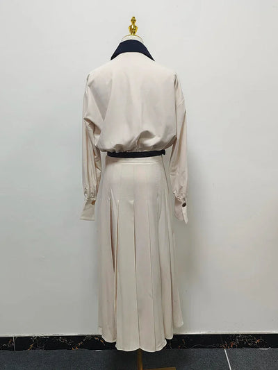 VGH Designer Slimming Hit Color Spliced Belt Long Dresses For Women Lapel Long Sleeve High Waist Temperament Dress Female New