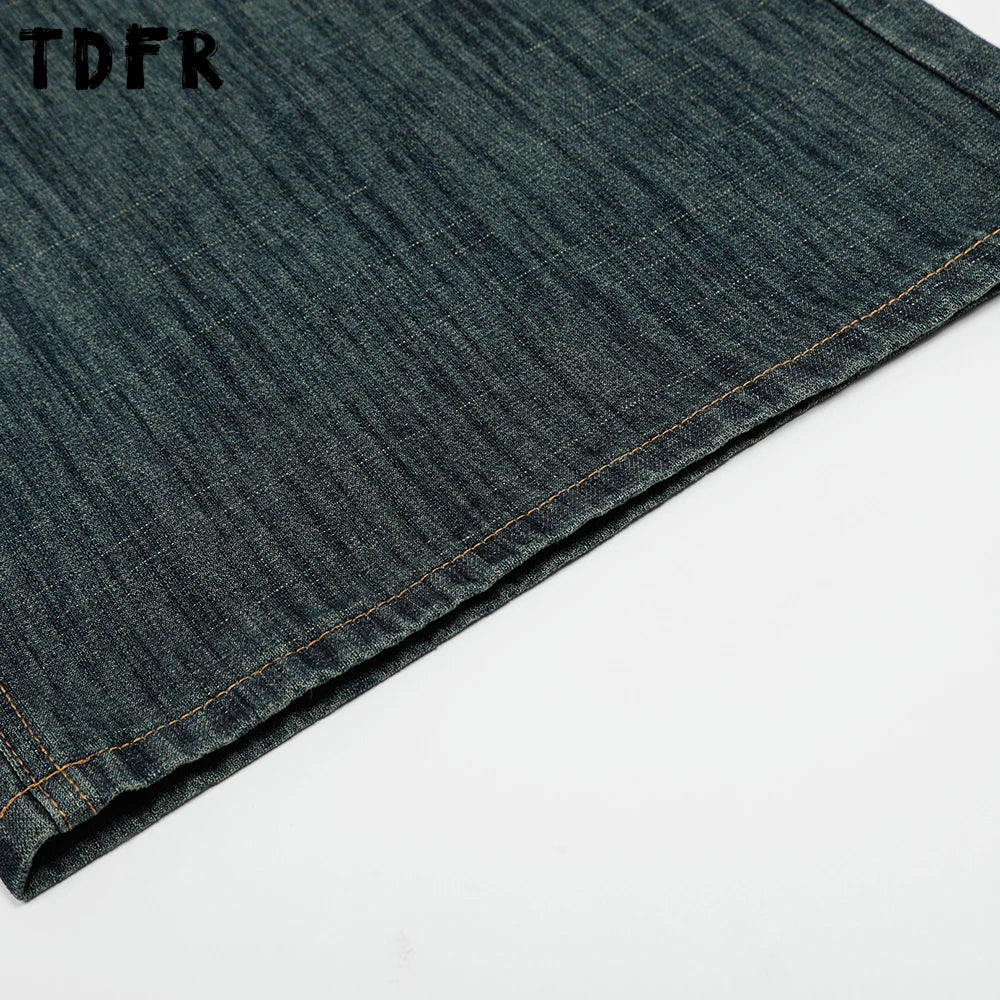 Retro Jacquard Denim Shorts Mens Pocket Summer Streetwear Washed Distressed Loose Wide Leg Short Jeans Men