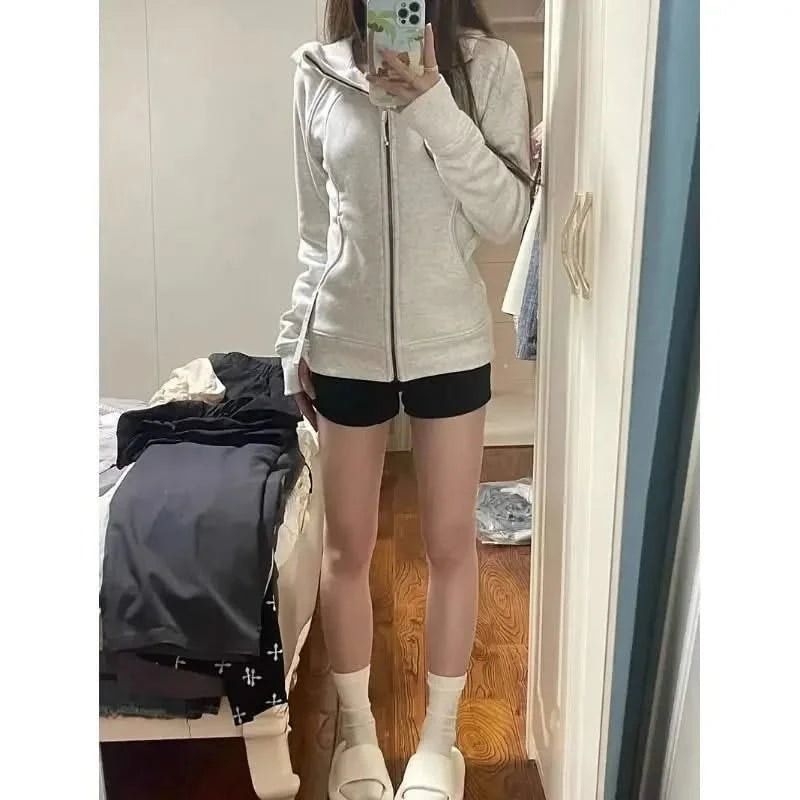 Deeptown American Vintage Cropped Hoodies Women Korean Style Streetwear Grey Zip Up Hooded Sweatshirt Casual Y2k Slim Hood Shirt