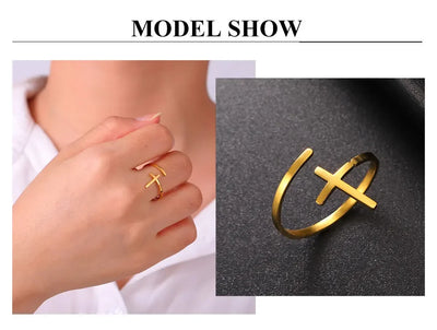Cazador Christian Cross Open Rings for Women Stainless Steel Christian Jewelry Adjustable Finger Rings Birthday Valentine Gift