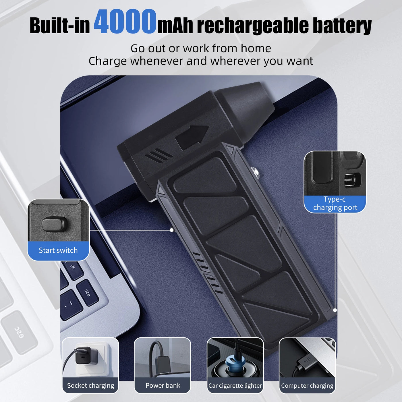 Electric Air Duster with Light 130000RPM 4 Speed Adjustable Cordless Portable Jet Dry Blower with Removable Suction and Brush No