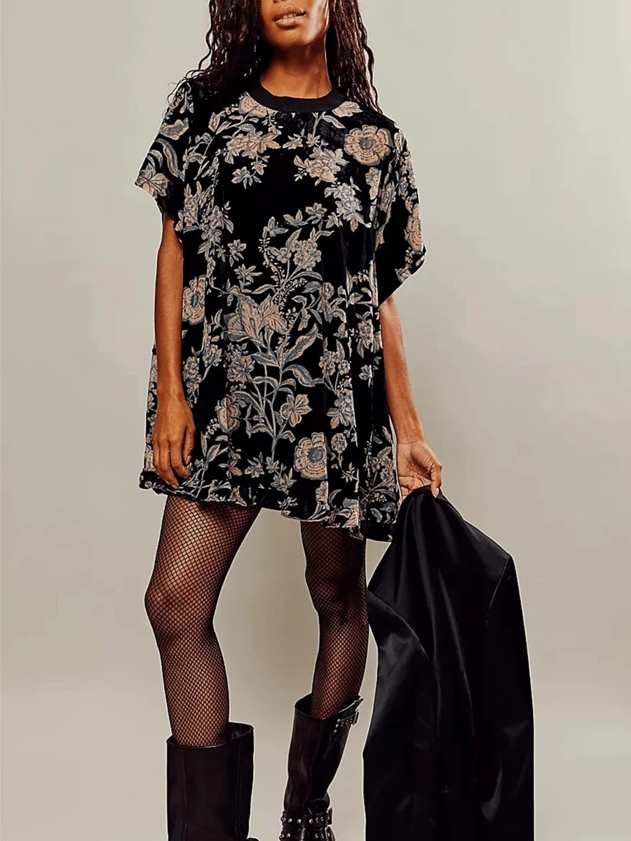 Women Velvet Dress Summer Casual Loose Long Sleeve Crew Neck Flower Mini Dress Lady Female Short Dress