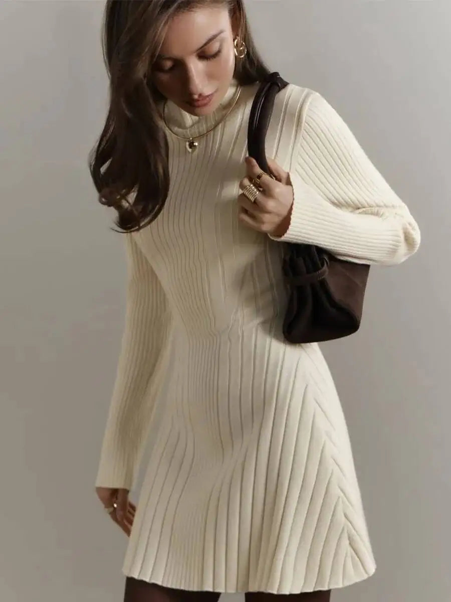 Knitting Dress Women's 2025 Spring Knitted Dress Long Sleeve Semi-High Neck A Line Skirt For An Elegant And Playful Look