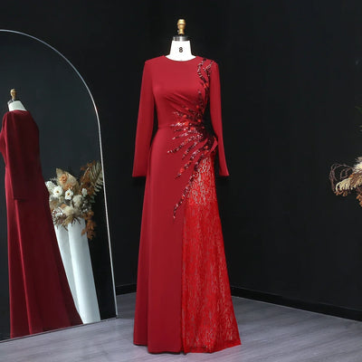 Sharon Said Wine Red Sequined Lace Evening Dresses with Full Sleeves for Women Wedding Party Gown SF266 Customized فساتين سهرة