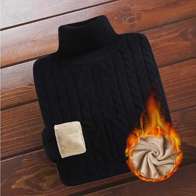 New Turtleneck Sweaters Men Autumn Winter Thick Knitted Sweaters Added Velvet Solid Color Casual Base Pullovers