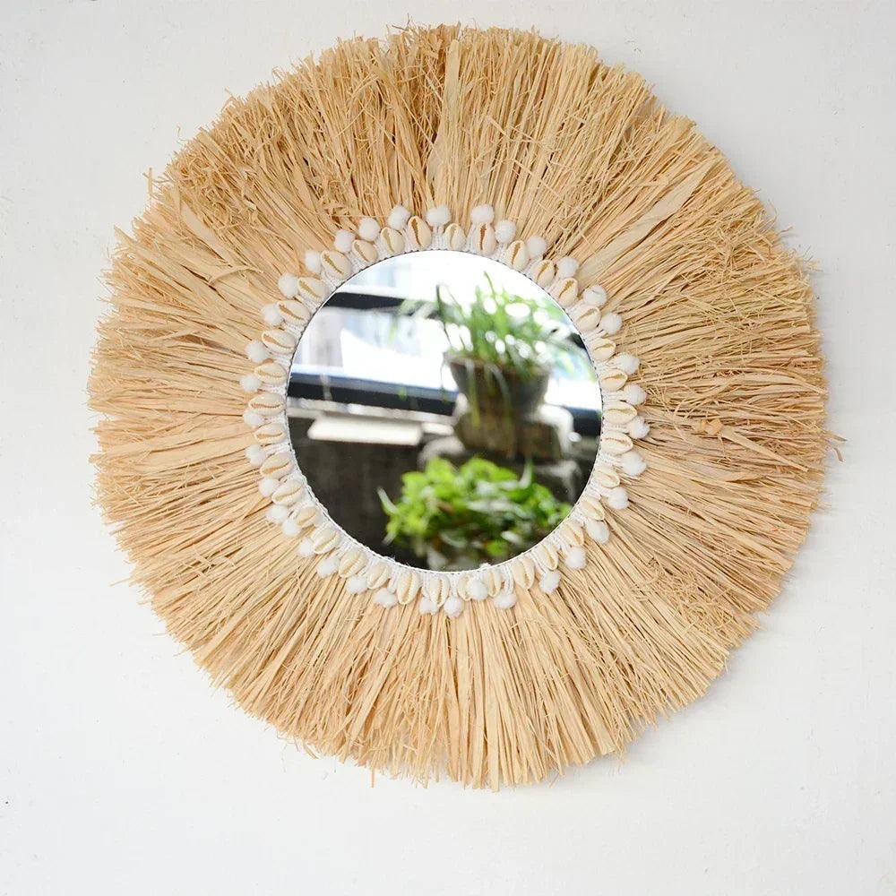 Boho home furnishing forest raffia decorative wall mirrors woven shell small yarn balltapestry living room decor mirror