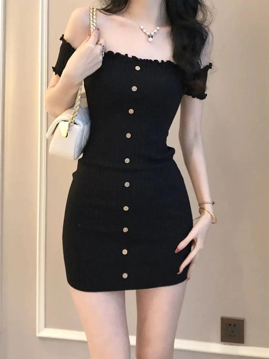 Woman dress for women 2025 vestidos de mujer fashion slash neck tunic robe femme ruffles bodycon knitted button summer