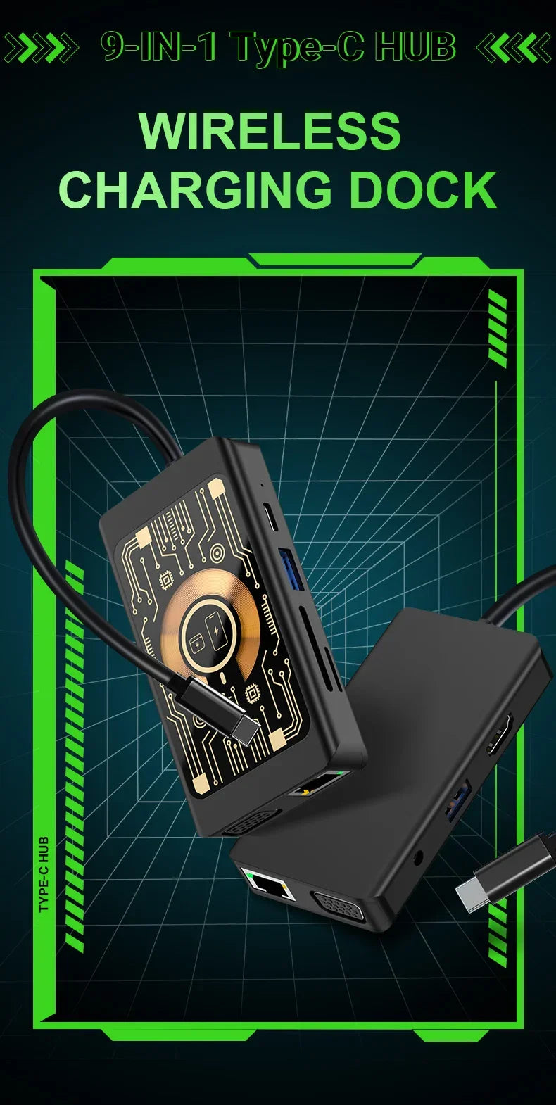 9in1 Wireless Charging Dock Multifunctional Docking Station with Wireless Charger Type C USB Hub for Phone/Pad/Laptop Expansion