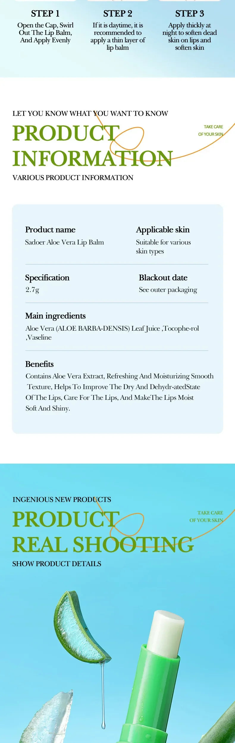 SADOER Lip Aloe Balm Nourishing, Hydrating and Moisturizing Preventing Cracking and Repairing Lips Gentle Non Irritating