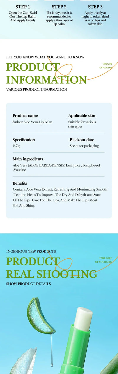 SADOER Lip Aloe Balm Nourishing, Hydrating and Moisturizing Preventing Cracking and Repairing Lips Gentle Non Irritating