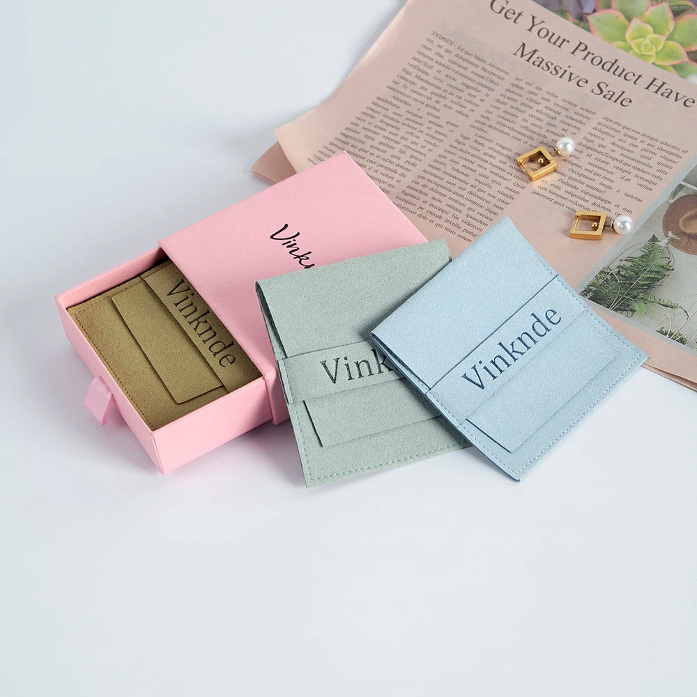 Custom Logo Luxurious Jewellery Packaging Pouch Printed Cardboard Drawer Box Fashion Jewelry Rings Packaging Box With Suede Bag