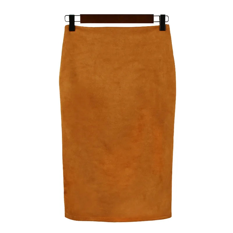 Women's suede solid color pencil skirt, spring and summer high waisted tight fitting retro suede split thick elastic skirt
