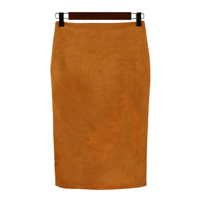 Women's suede solid color pencil skirt, spring and summer high waisted tight fitting retro suede split thick elastic skirt