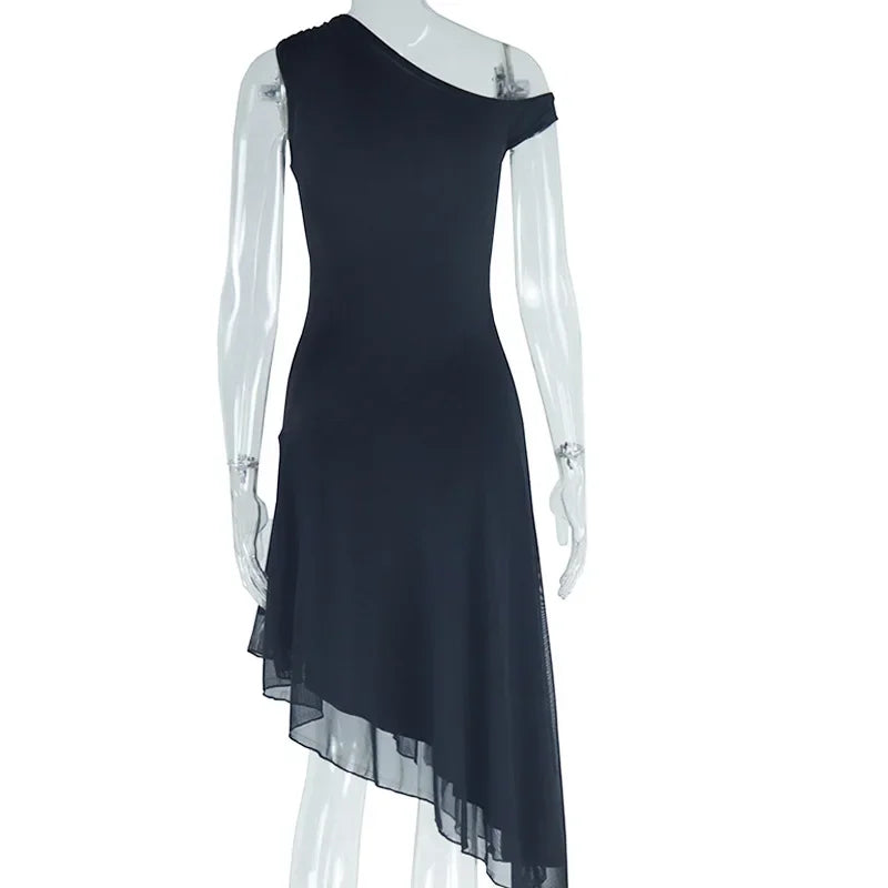 Women Sexy Dresses Summer 2025 Solid Color Sexy Slant Collar Midi Irregular Evening Dress Luxury Elegant Splicing Dress Vestidos