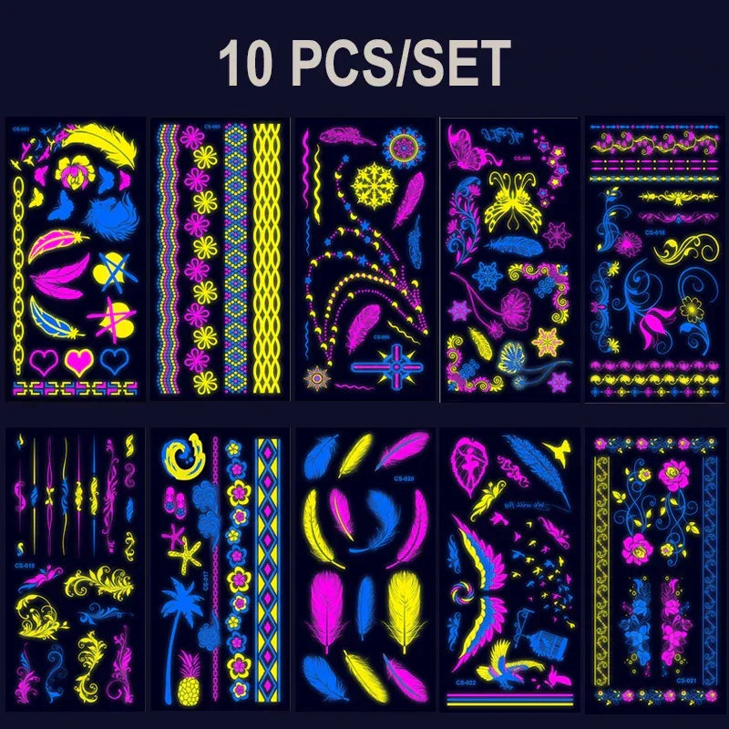 Temporary Fluorescent Tattoos Flower Feather Animals Pattern Body Arm Leg Face Stickers Night Bar Party Music Festival