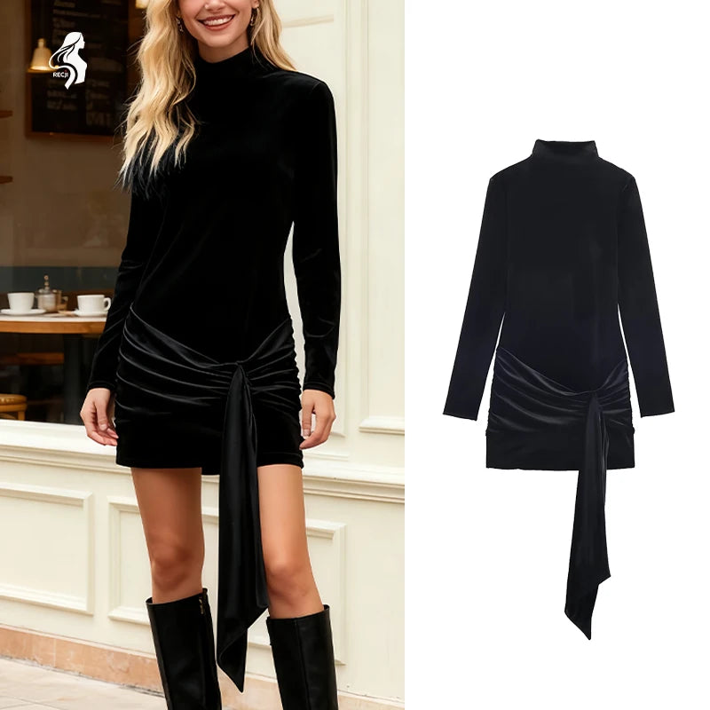 Womens Dress Velvet Turtleneck Long Sleeve Belt Fashion Short Dress Easily Creates A Luxurious And Cool Chic Look Trafizaran