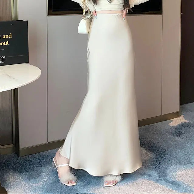 Elegant Satin Long Skirts Women Korean Fashion Clothes Elastic High Waist Black Skirt 2025 Streetwear Summer A Line Midi Skirt