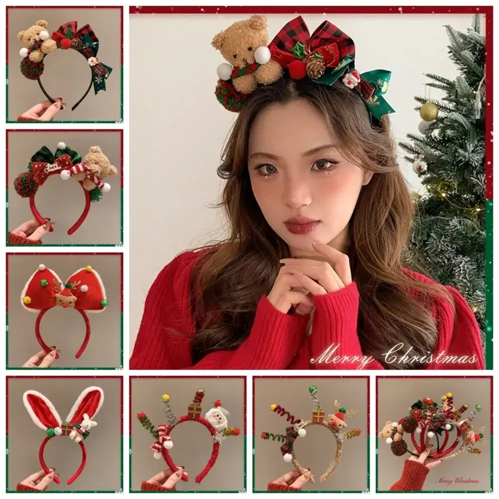 Christmas Decoration Christmas Headband Santa Reindeer Antlers Headband Red Bowknot Party Dress Up Plush Bow Red Hair Band