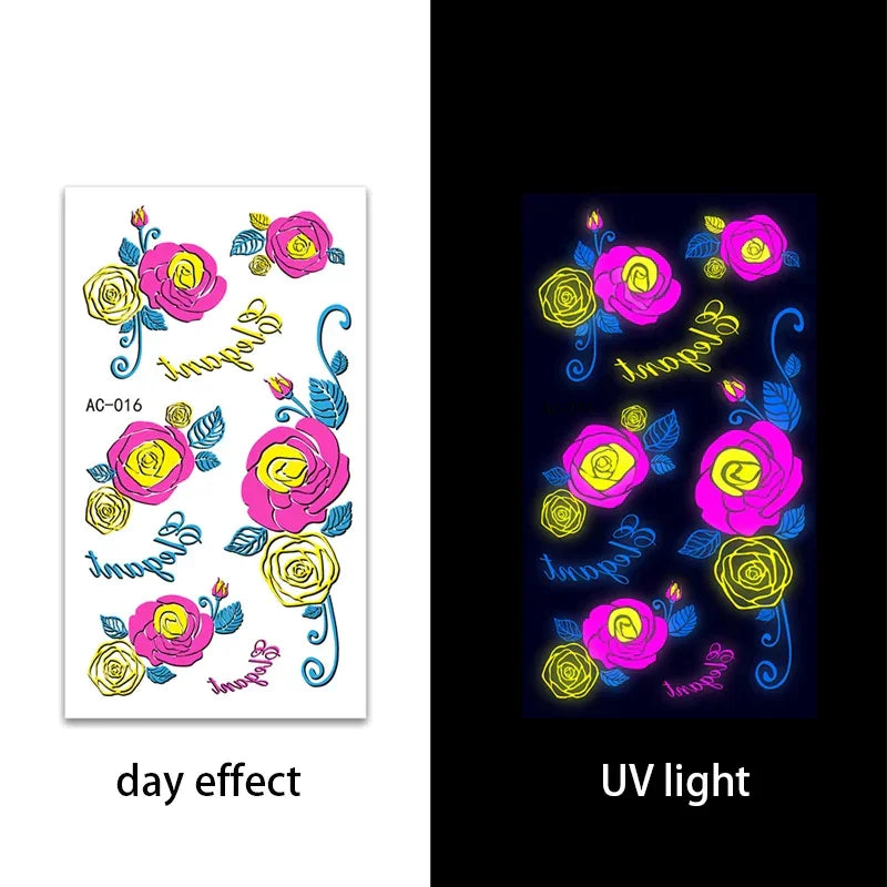 Temporary Fluorescent Tattoos Flower Feather Animals Pattern Body Arm Leg Face Stickers Night Bar Party Music Festival