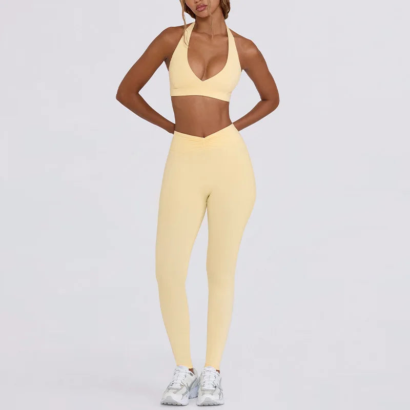 Women's Yoga Suits Quick Drying Leggings Gym Shorts Nude Hanging Neck Bra Running Gym Exercise Sets