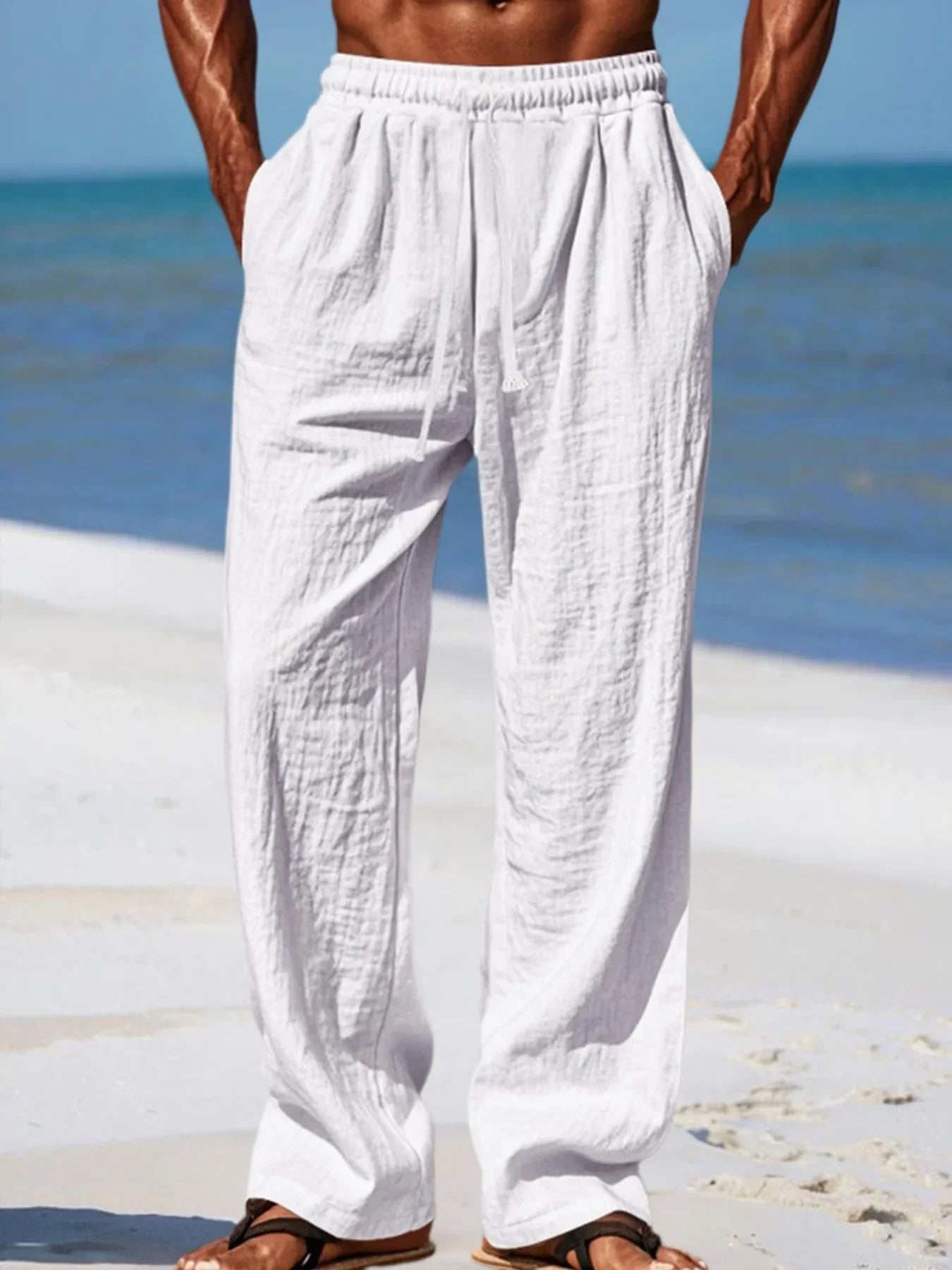 Men's Beach Pants Breathable Loose Straight Trousers Male Summer Casual Solid Color Streetwear Drawstring Long Pants