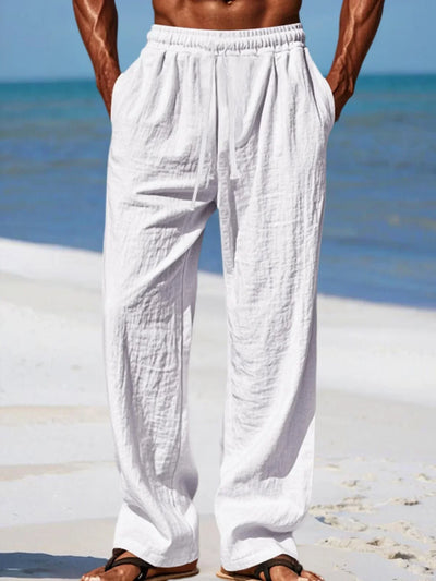 Men's Beach Pants Breathable Loose Straight Trousers Male Summer Casual Solid Color Streetwear Drawstring Long Pants