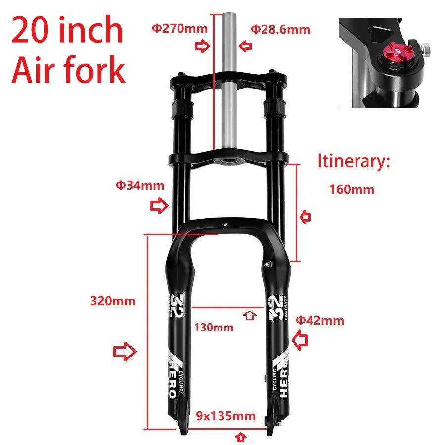 Snow Bike Mechanical Front Fork, 20 ",26",Aluminum Alloy Shoulder Fork,160mm Stroke,Hydraulic Lock,Shock Absorber,4.0 Tire Bike