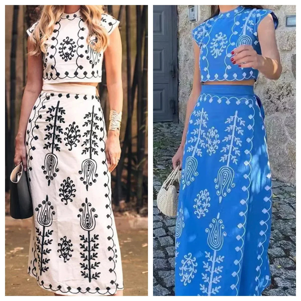 Cotton Linen Print Top Two Piece Set For Women