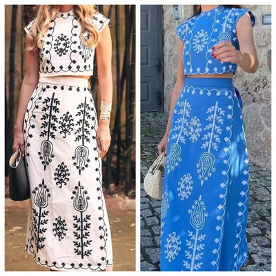 Cotton Linen Print Top Two Piece Set For Women