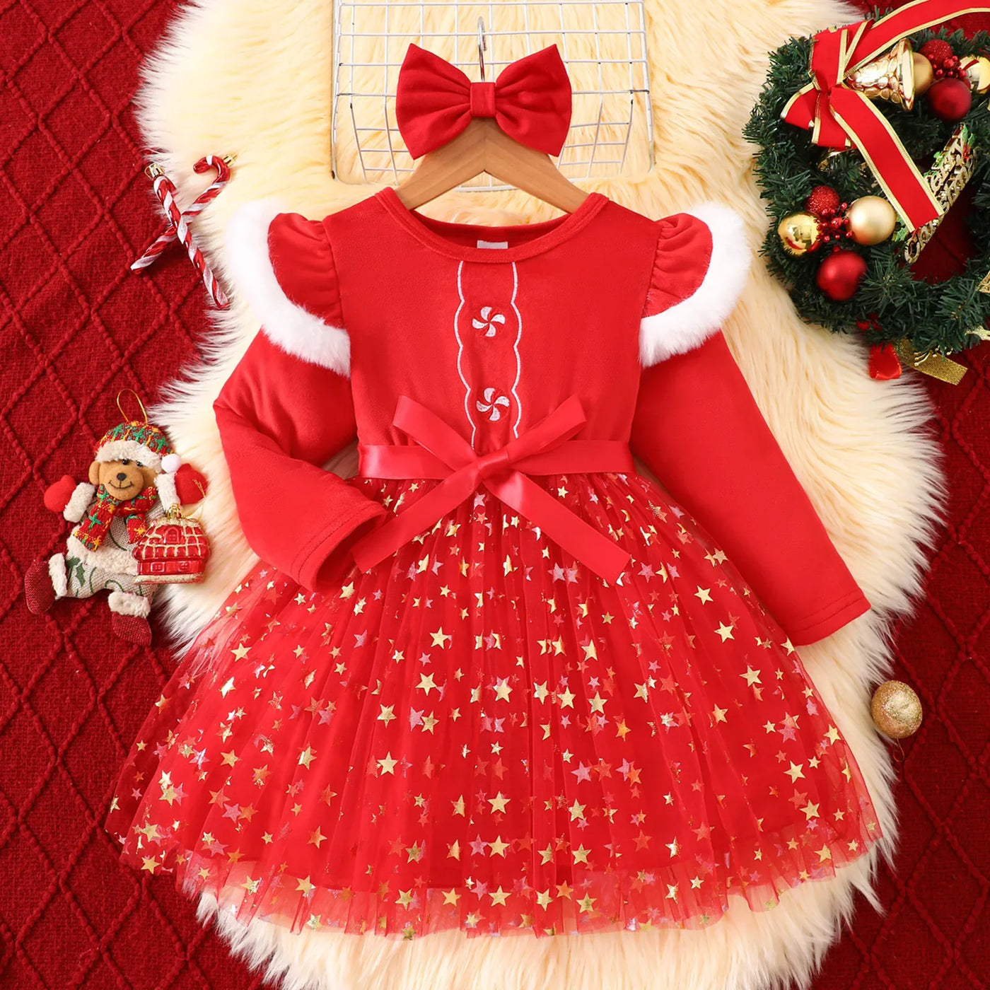 Christmas Dress Set Girl Autumn Long Sleeve Velvet Star Tulle Dress with Bow Headband Festive Clothes