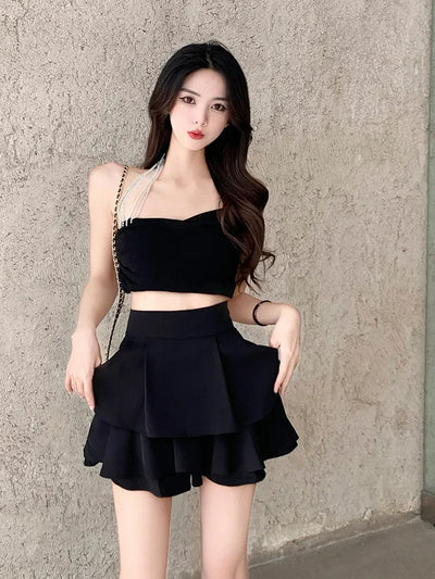 Bla A-Line  Skirt Women's Summer 2023 High Waist Lengthening Legs Design Sensation Lace Trim Puffy ort Skirt
