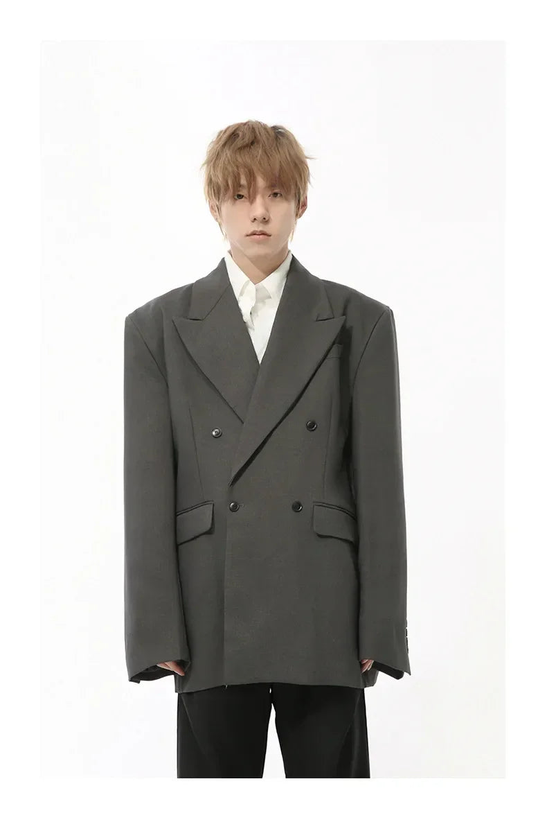 IEFB Korean Style Men's Blazers Double Breasted Shoulder Padded Tops Turn-down Collar Solid Color Loose Male Suit Jackets 9C8669