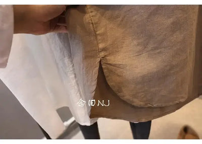 Cotton Linen Women Medium-Length White Polo Shirt