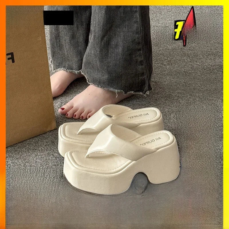 Women's Summer Outdoor Platform Sandals Flip Flops High Heel Thi Bot Clog oes Heightening Slippers Korean Sle PU Mat...