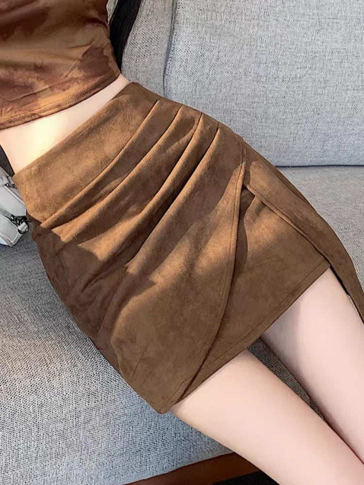 Unique Asymmetrical Suede Skirts for Women retro-style Pencil Skirt Ankle Boots Skirt for Fall Winter, chic outfit