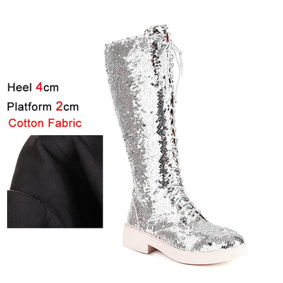Knee-High Boots Women Flat Gothic Fashion Low Heel Shoes Autumn Winter Sequins Heels Bling Bling Silver Luxury Womens Long Boots