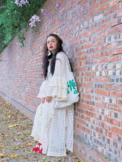 TIYIHAILEY Lace Embroidery Spring Women Dresses Full Flare Sleevev Beige Loose Ladies Clothing Fashion Long Maxi 2025 2pcs New