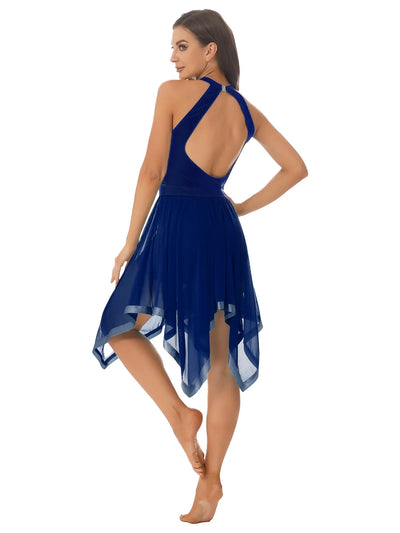 Elegant Ballet Leotards Dance Dress For Women Shiny Sequins Asymmetrical Hem Mesh Lyrical Dresses Prom Performance Costume