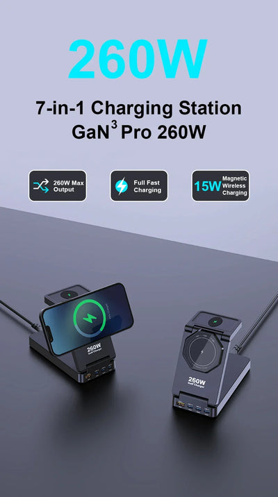 260W Magnetic Wireless Charging Station GaN USB TypeC Charger PPS PD Fast Charge For iPhone 16 15 IWatch AirPods Foldable Holder