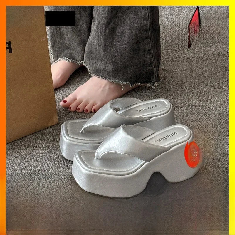 Women's Summer Outdoor Platform Sandals Flip Flops High Heel Thi Bot Clog oes Heightening Slippers Korean Sle PU Mat...